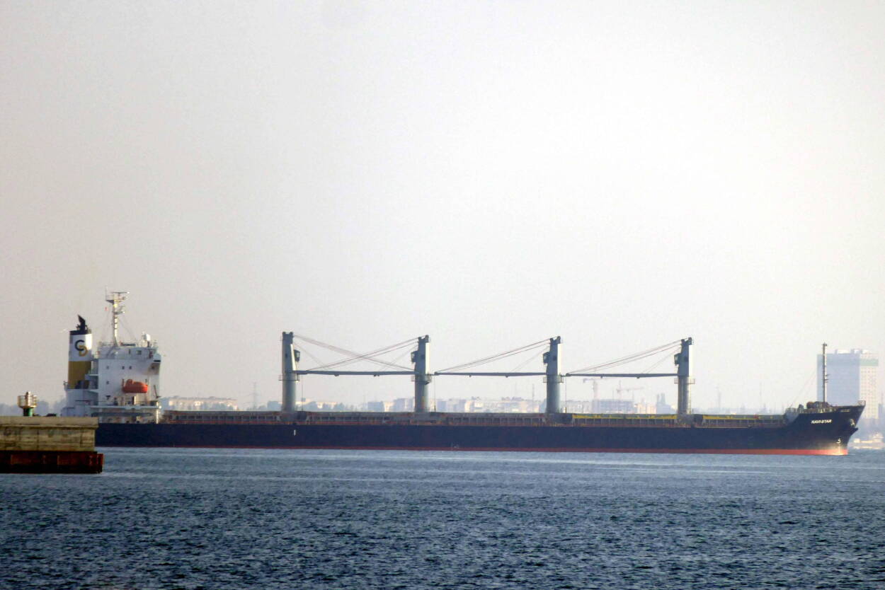 Панамський балкер Navistar з 33 тисячами тонн кукурудзи на борту в порту Одеси. Fot. PAP/Ukrinform/Yulii Zozulia