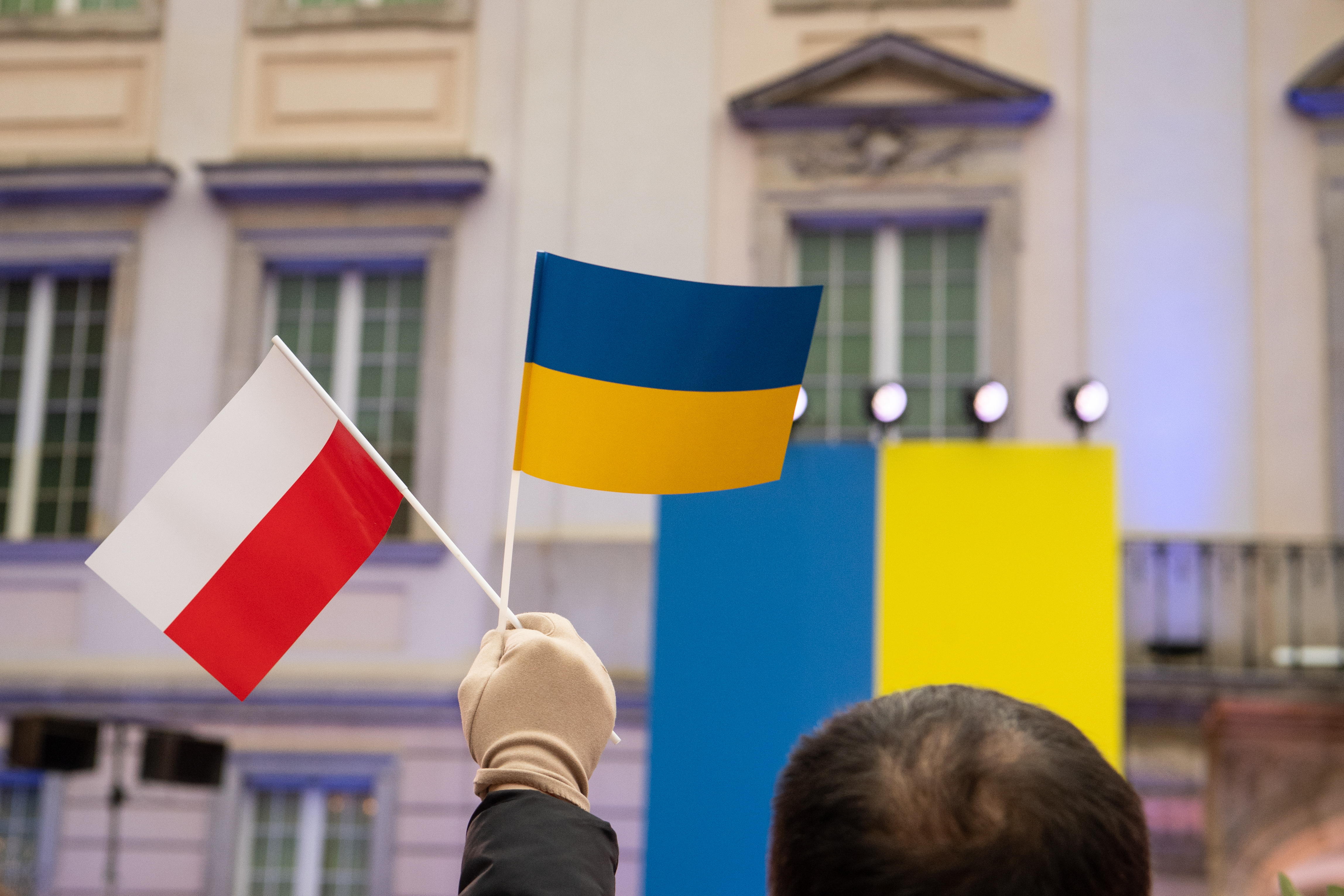 Прапори Польщі та України в руках демонстранта на внутрішньому дворі Королівського замку у Варшаві. Фотоілюстрація. Fot. PAP/Andrzej Lange