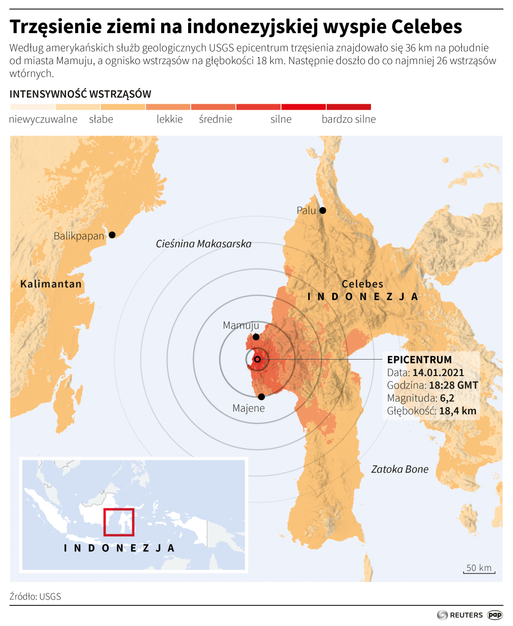 Trzęsienie ziemi na indonezyjskiej wyspie Celebes / PAP infografika/ Maria Samczuk