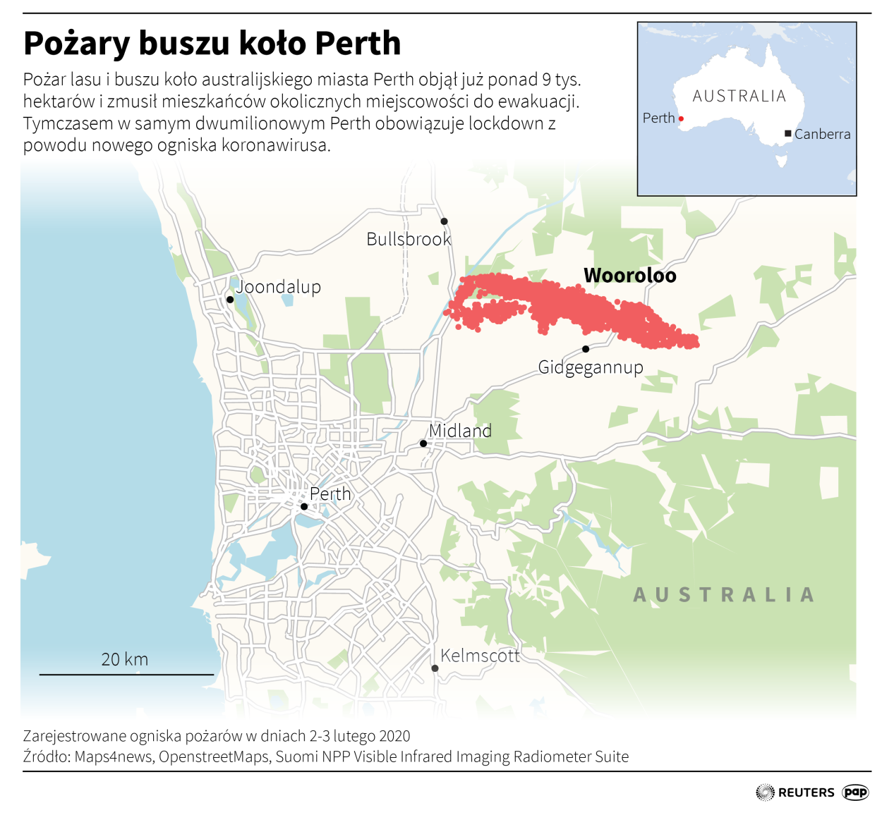 Pożary buszu koło Perth / PAP infografika / Adam Ziemienowicz