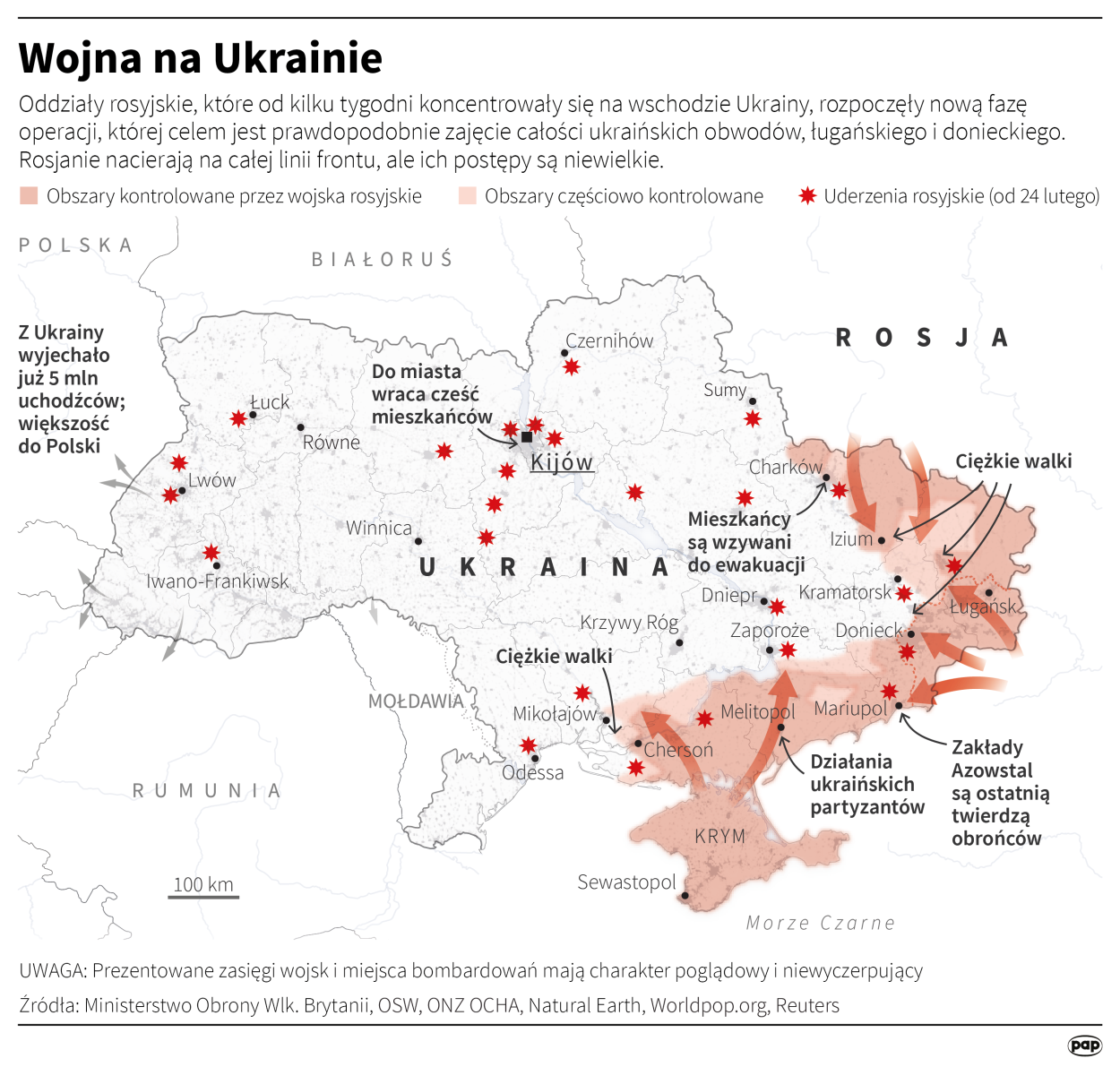 Rosyjskie ataki i lokalizacje wojsk - infografika Ministerstwa Obrony UK. Autor: Maciej Zieliński