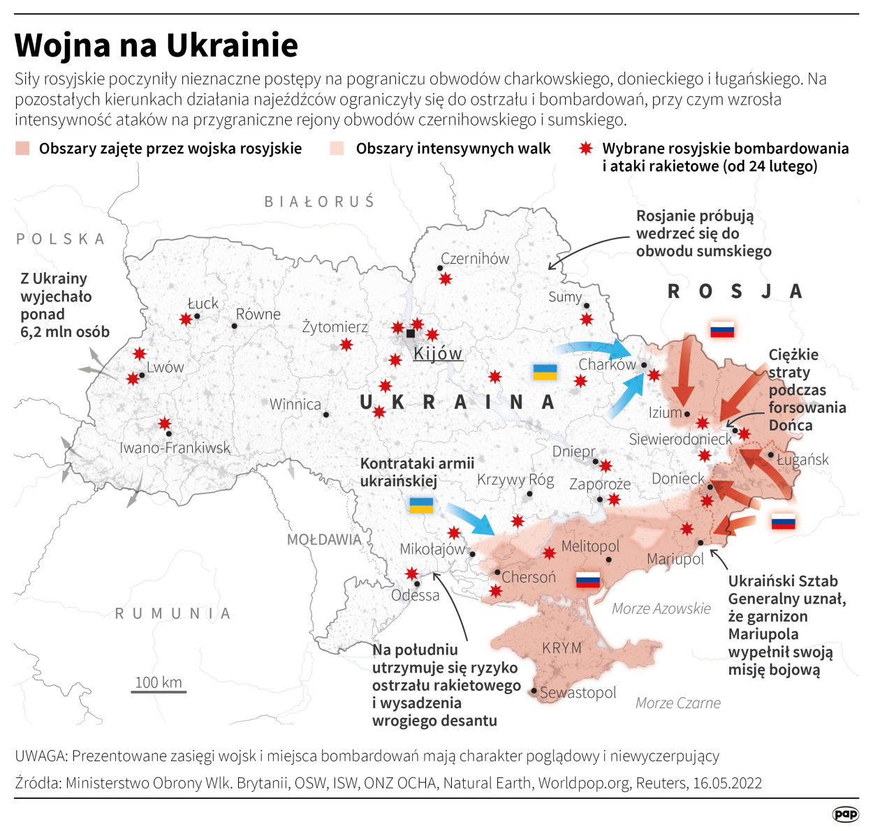 Siły rosyjskie poczyniły nieznaczne postępy na pograniczu obwodów charkowskiego, donieckiego i ługańskiego (jednostki ukraińskie zostały odepchnięte na zachód od Popasnej, do miejscowości na granicy obwodu donieckiego, są także spychane do Łymanu i Siewierodoniecka). Fot. PAP/ Adam Ziemienowicz