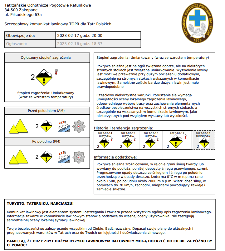 Komunikat lawinowy TOPR