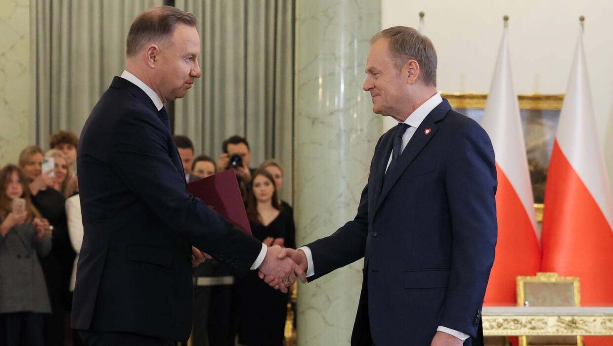 Prezydent Andrzej Duda oraz premier Donald Tusk podczas zaprzysiężenia rządu Fot. PAP/Paweł Supernak