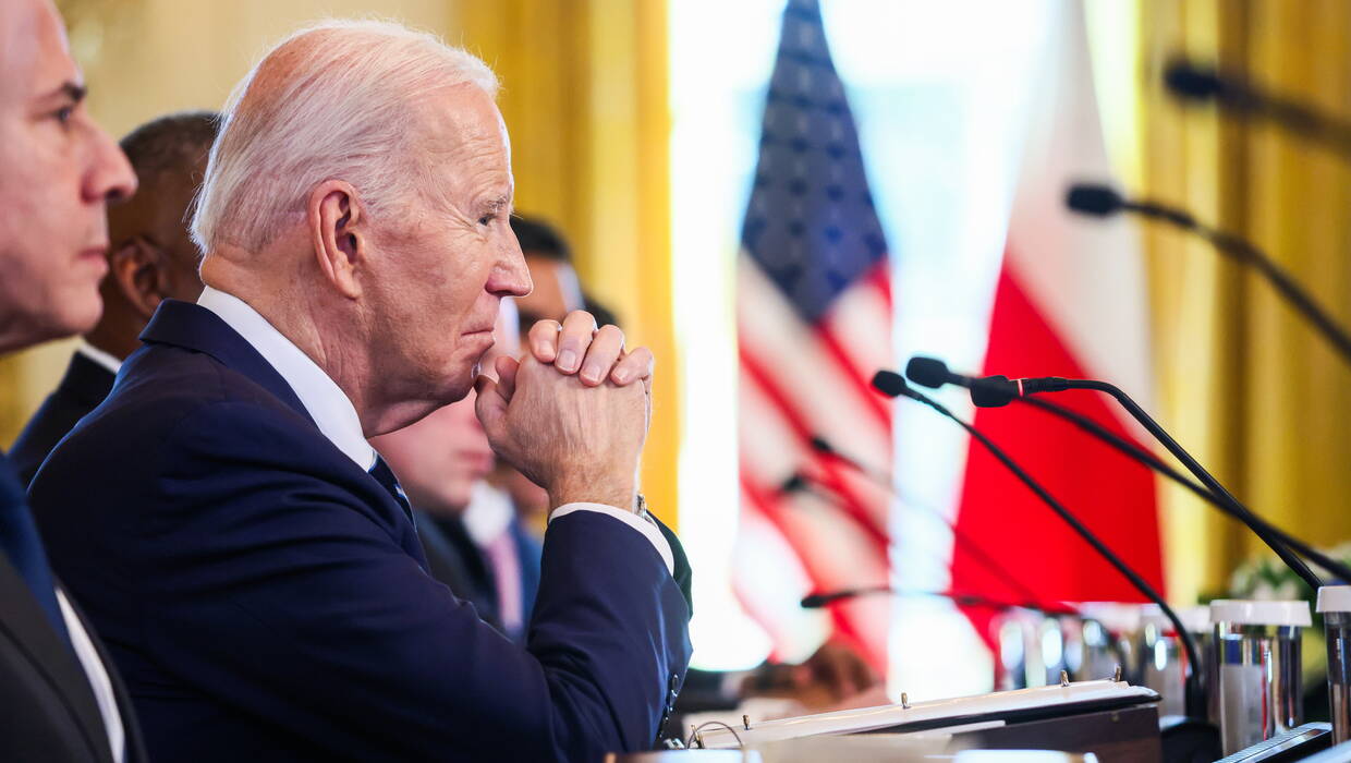 Prezydent USA Joe Biden podczas spotkania z prezydentem RP Andrzejem Dudą i premierem RP Donaldem Tuskiem w Białym Domu w Waszyngtonie, fot. PAP/Leszek Szymański