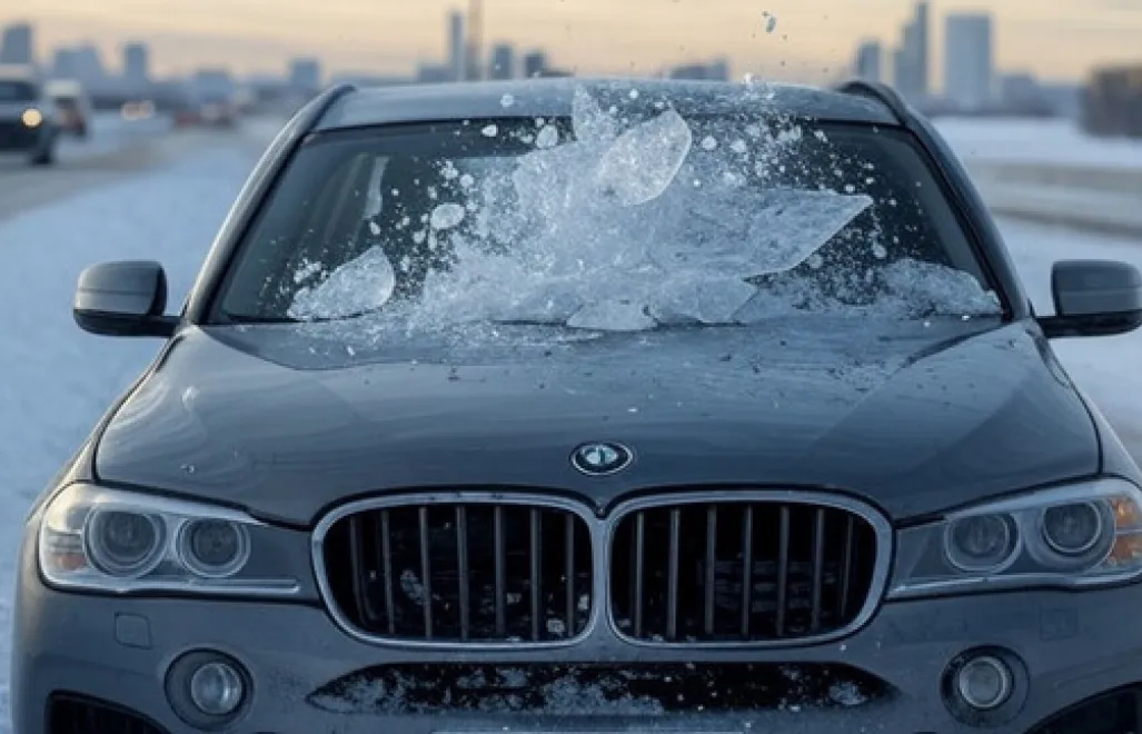 Lód spadł na samochód Fot. KMP Ostrołęka