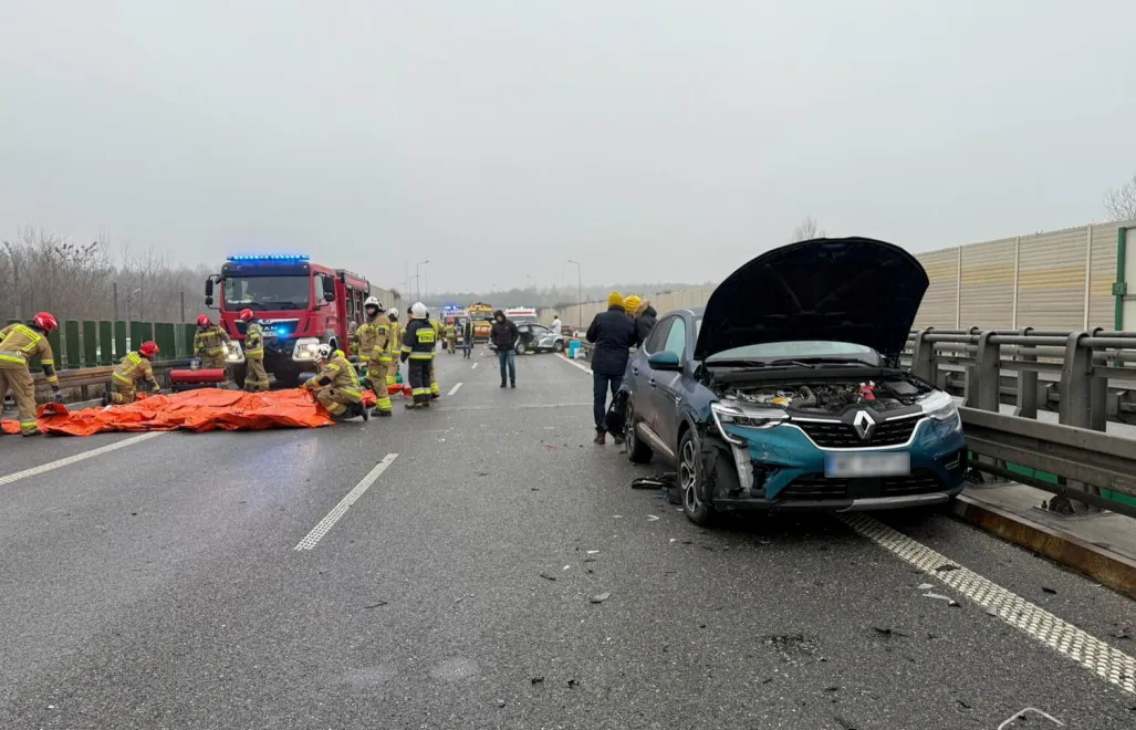  Miejsce karambolu z udziałem dziewięciu samochodów osobowych na trasie S8 w Przewodowicach Fot. PAP/PSP Rawa Mazowiecka
