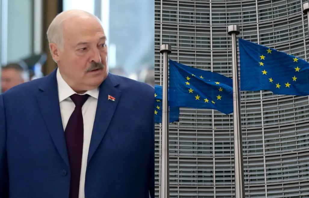 Alaksandr Łukaszenka i flaga UE. Fot. PAP/EPA/IGOR KOVALENKO/PAP/Wiktor Dąbkowski