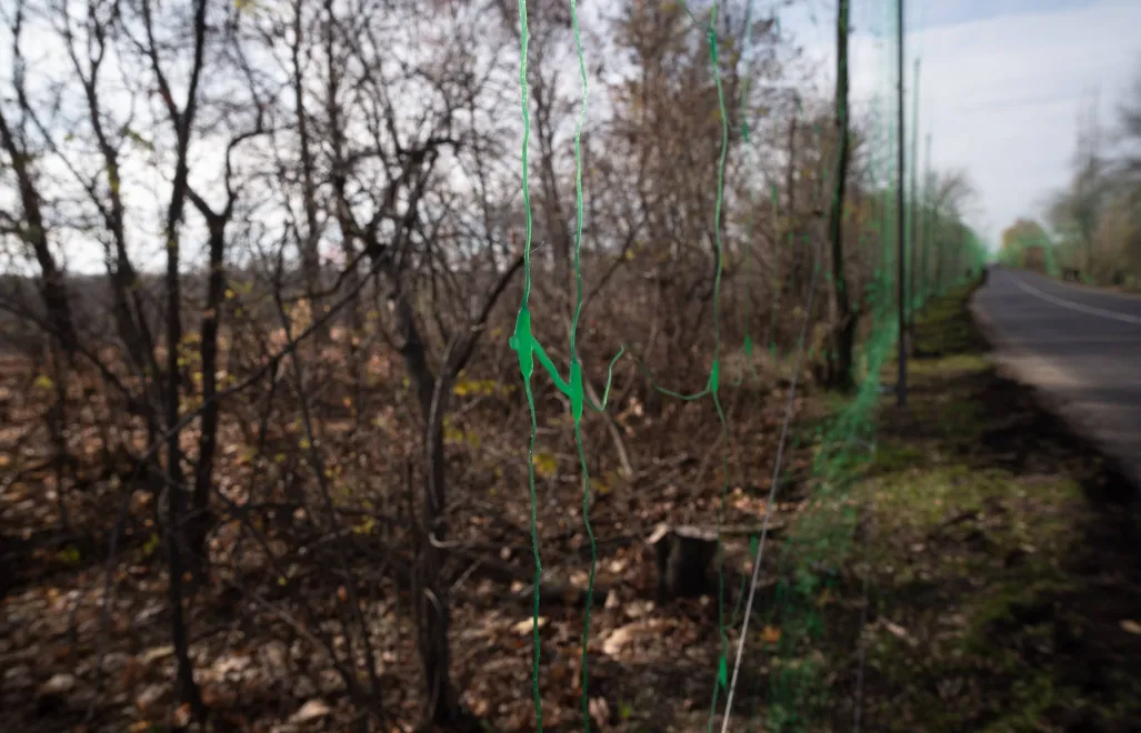 Антидронні сітки вздовж доріг неподалік лінії зіткнення в Донецькій області. Fot. PAP/EPA/Maria Senovilla