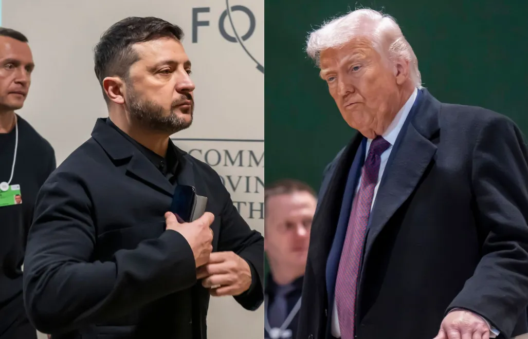 Prezydent Ukrainy Wołodymyr Zełenski i prezydent USA Donald Trump. Fot. PAP/EPA/	LAURENT GILLIERON