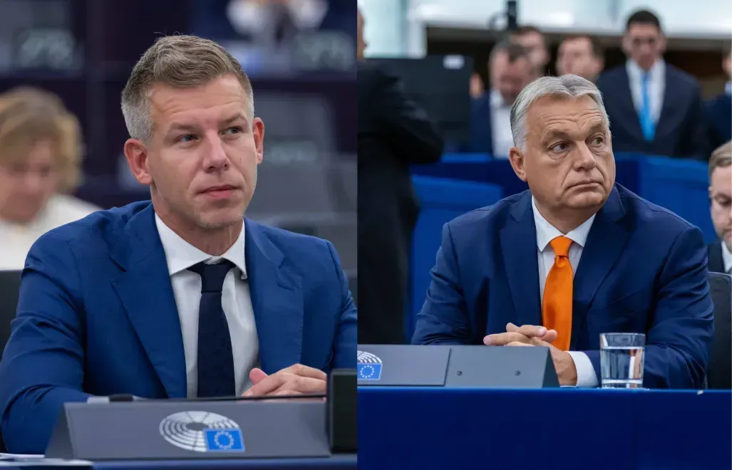 Peter Magyar (L), Viktor Orban (P). Fot. EPA/CHRISTOPHE PETIT TESSON