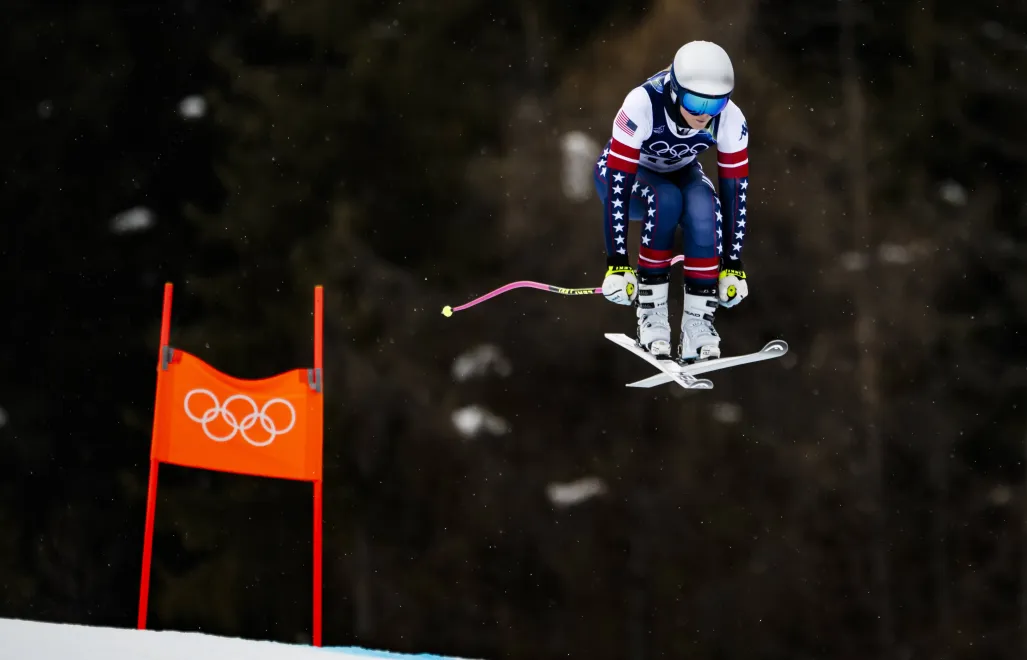 Lindsey Vonn podczas zjazdu na igrzyskach, fot. PAP/EPA/KEYSTONE/Jean-Christophe Bott