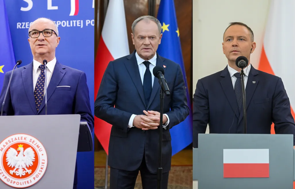 Włodzimierz Czarzasty (L), Donald Tusk (C), Karol Nawrocki (P). Fot. PAP/Tomasz Gzel/Piotr Nowak/Marcin Obara