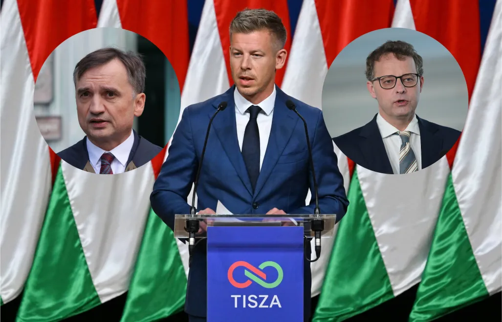 Marcin Romanowski (P), Zbigniew Ziobro (L) i Peter Magyar (C). Fot. EPA/TIBOR ILLYES HUNGARY/PAP/Marcin Obara/PAP/Paweł Supernak