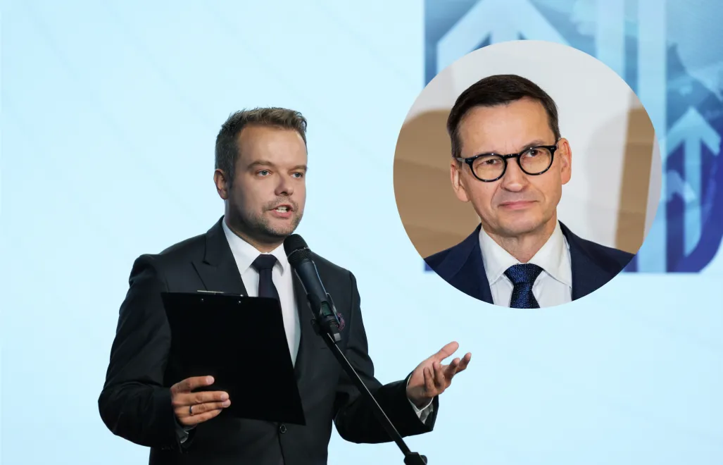 Rafał Bochenek (C) i Mateusz Morawiecki (P). Fot. PAP/Paweł Supernak/Krzysztof Ćwik