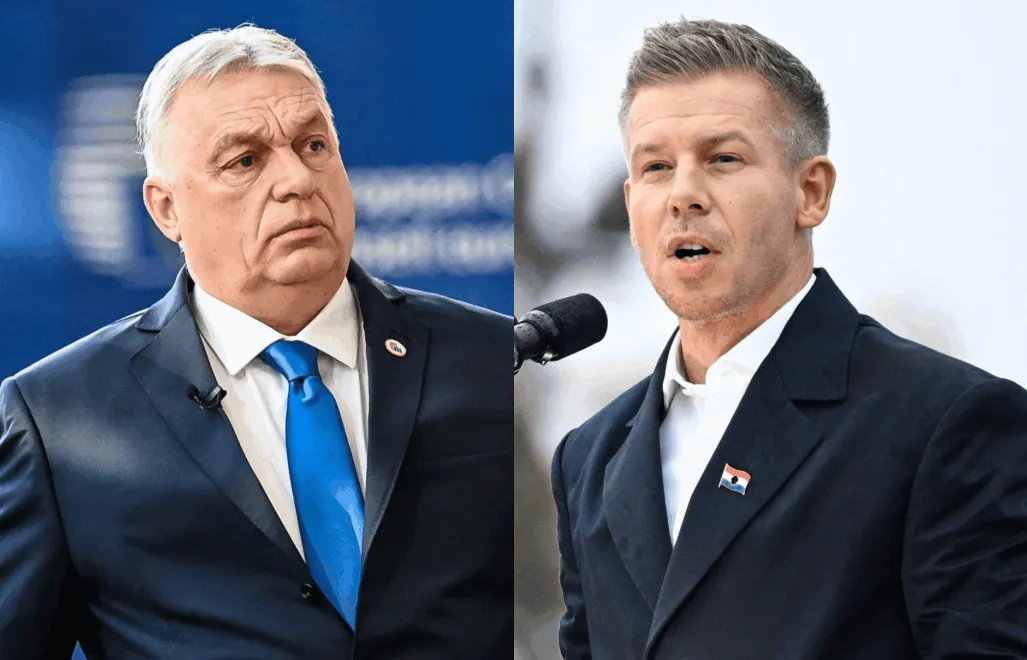 Premier Węgier Viktor Orban i lider opozycyjnej partii TISZA, Peter Magyar. Fot. PAP/Wiktor Dąbkowski/EPA/BOGLARKA BODNAR