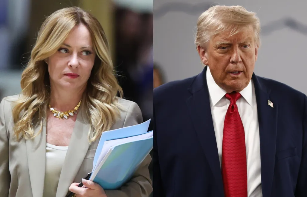 Premier Włoch Giorgia Meloni i prezydent USA Donald Trump. Fot. PAP/EPA/OLIVIER HOSLET/YOAN VALAT