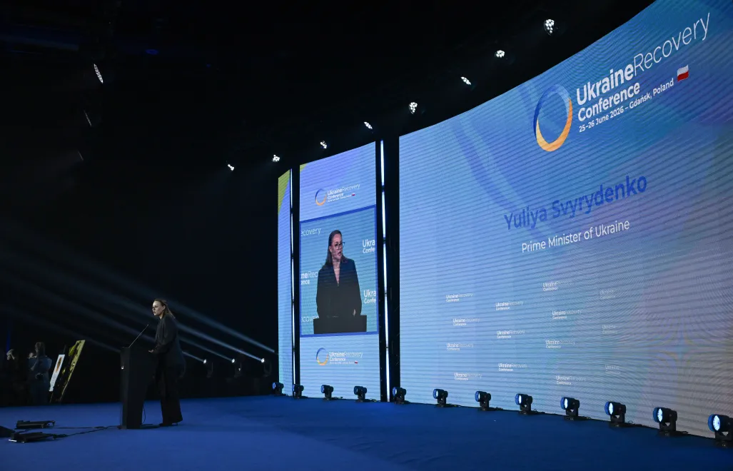 Виступ Юлії Свириденко під час відкриття URC-2026. Fot. PAP/Adam Warżawa