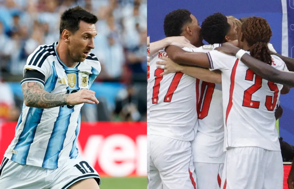 Leo Messi i piłkarze reprezentacji Anglii. Fot. PAP/EPA/SHAWN THEW/PETER KLAUNZER