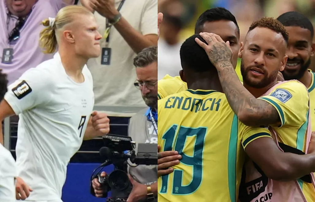 Erling Haaland i piłkarze reprezentacji Brazylii. Fot. PAP/EPA/JEFFREY MCWHORTER/CHRISTOPHER NEUNDORF
