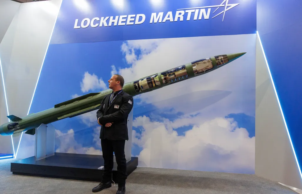 Зенітна ракета PAC-3 під час виставки Bedex - Брюссельської європейської оборонної виставки в Брюсселі. Фотоілюстрація. Fot. PAP/EPA/OLIVIER MATTHYS