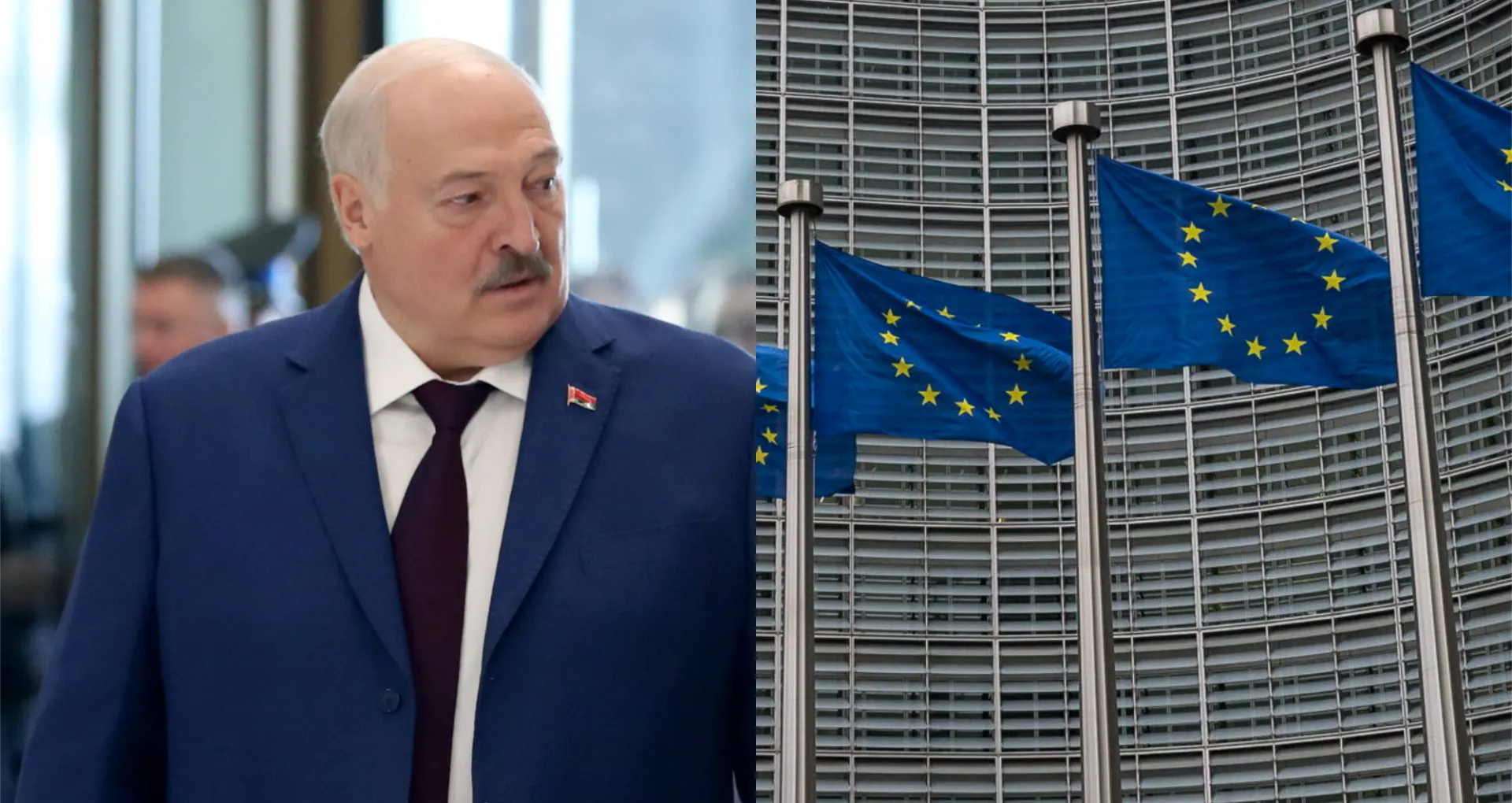 Alaksandr Łukaszenka i flaga UE. Fot. PAP/EPA/IGOR KOVALENKO/PAP/Wiktor Dąbkowski