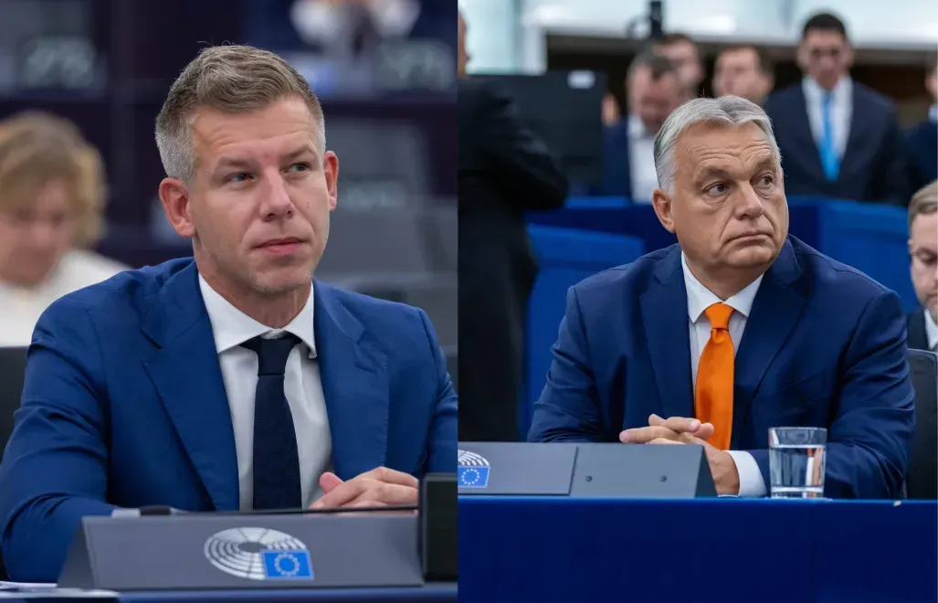 Peter Magyar (L), Viktor Orban (P). Fot. EPA/CHRISTOPHE PETIT TESSON