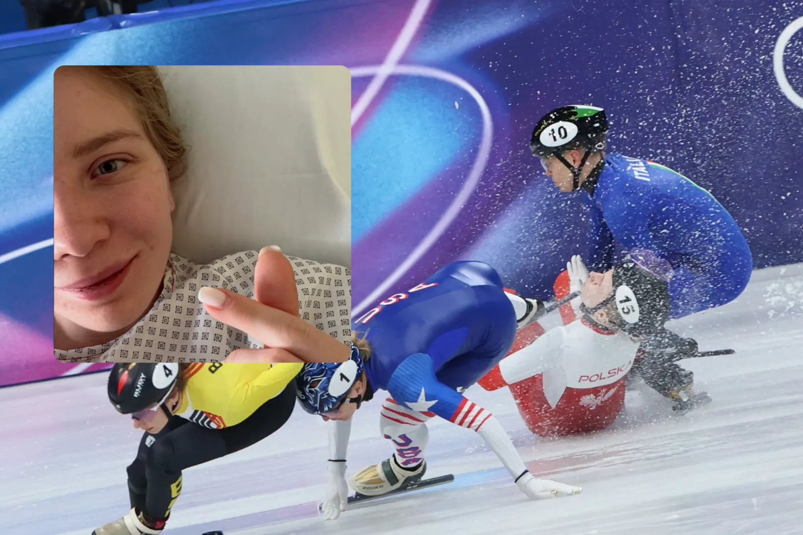 Polka Kamila Sellier (C), Amerykanka Kristen Santos-Griswold (2L) i Włoszka Arianna Fontana (2P) upadają podczas biegu ćwierćfinałowego na 1500 m w short tracku. Fot. PAP/Grzegorz Momot/kamila_sellier/instagram