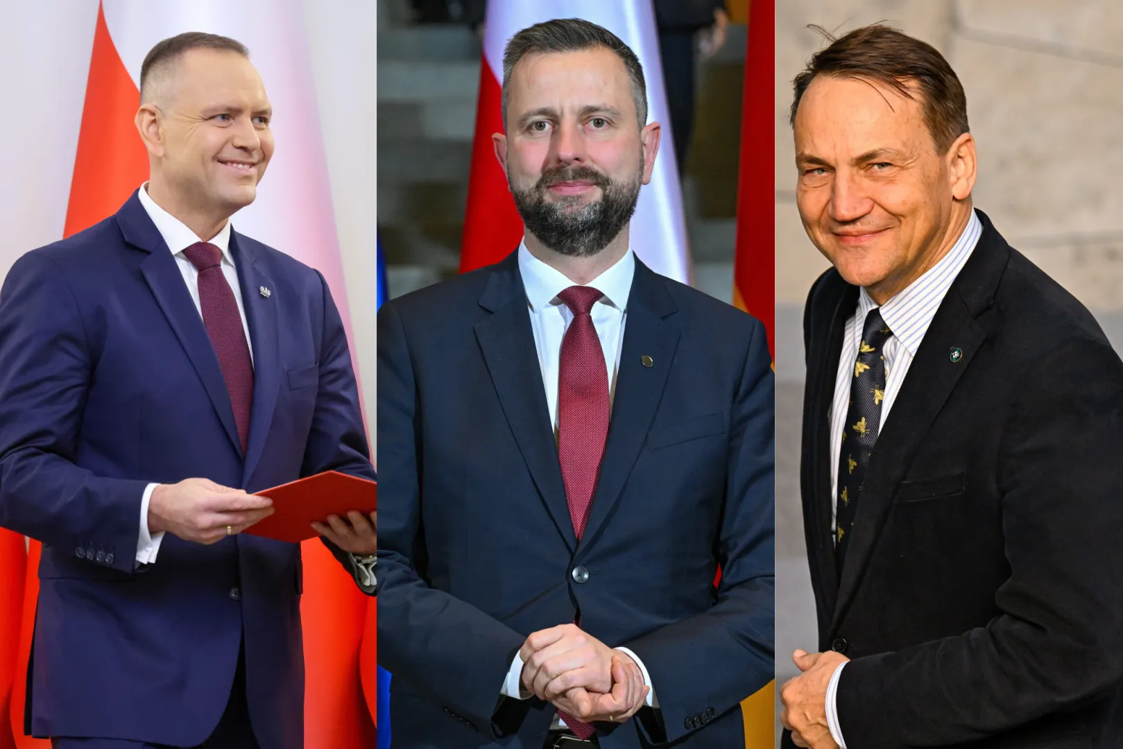 Karol Nawrocki (L), Władysław Kosiniak-Kamysz (C) i Radosław Sikorski (P). Fot. PAP/Albert Zawada/Radek Pietruszka/Wiktor Dąbkowski