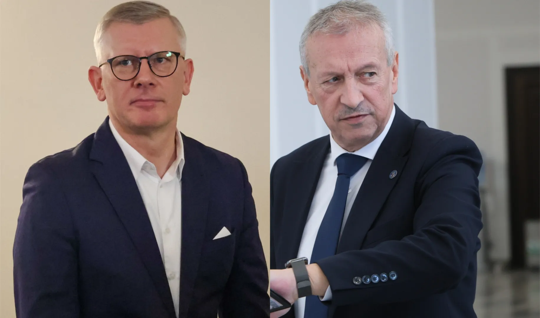 Szef BBN Sławomir Cenckiewicz i rzecznik ministra koordynatora służb specjalnych Jacek Dobrzyński. Fot. PAP/Albert Zawada/Rafał Guz