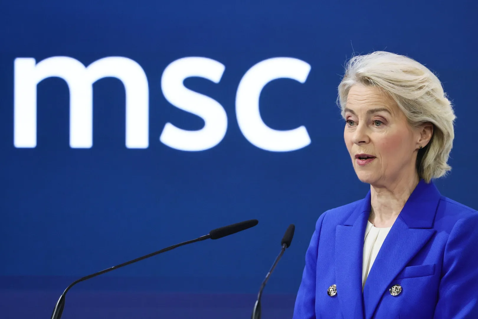 Урсула фон дер Ляєн під час промови на Мюнхенській безпековій конференції. 14.02.2026. Fot. PAP/EPA/RONALD WITTEK