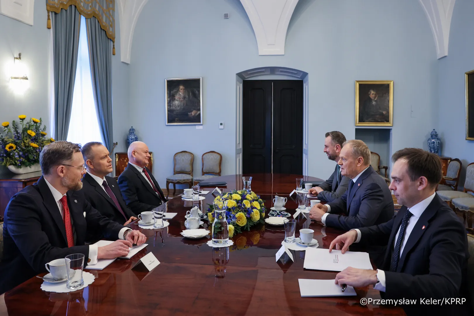 Zbigniew Bogucki, prezydent Karol Nawrocki, Adam Glpaiński, Władysław Kosiniak-Kamysz, premier Donald Tusk, Andrzej DomańskiFot. Przemysław Keler/KPRP