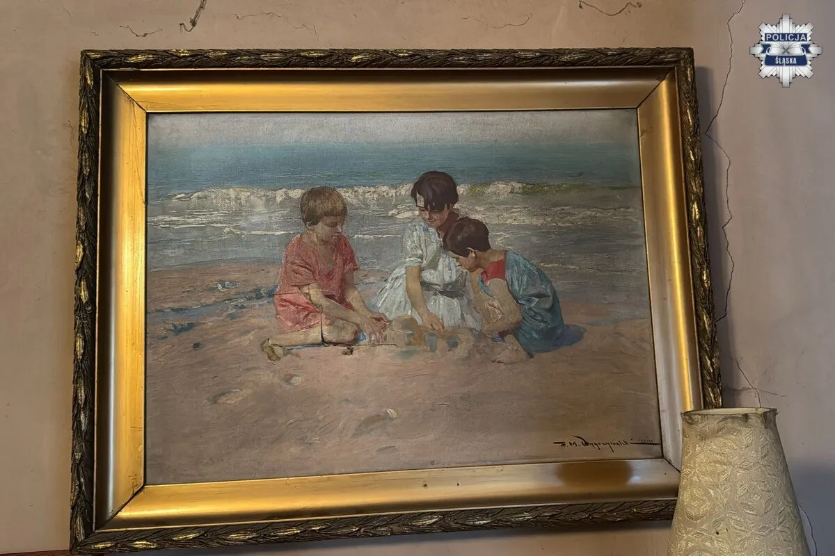 Odnaleziony obraz „Dzieci nad wodą” autorstwa Feliksa Michała Wygrzywalskiego. Fot. KWP Katowice