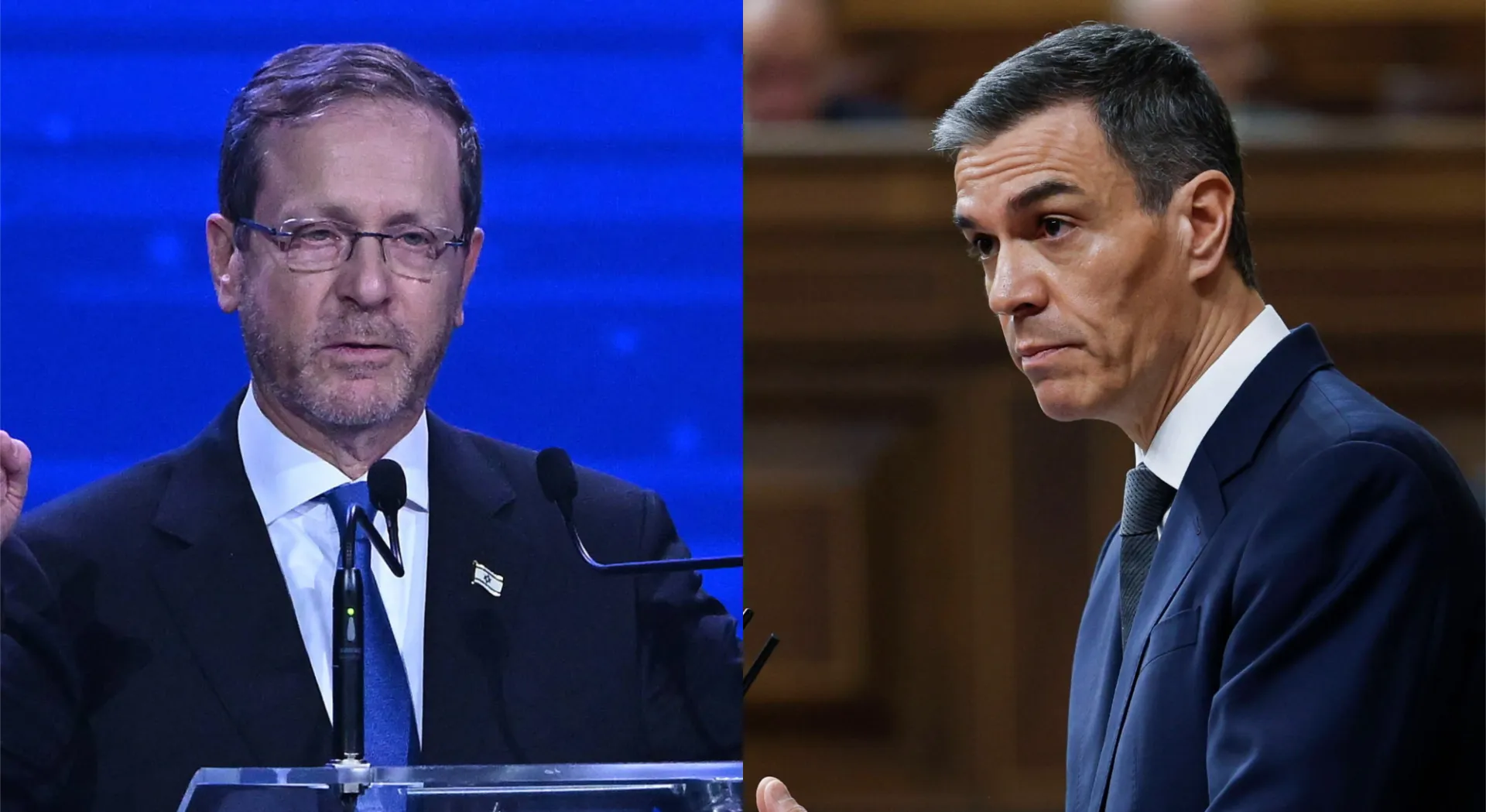 Prezydent Izraela Icchak Hercog i premier Hiszpanii Pedro Sanchez. Fot. PAP/EPA/JAMES ROSS/Chema Moya 