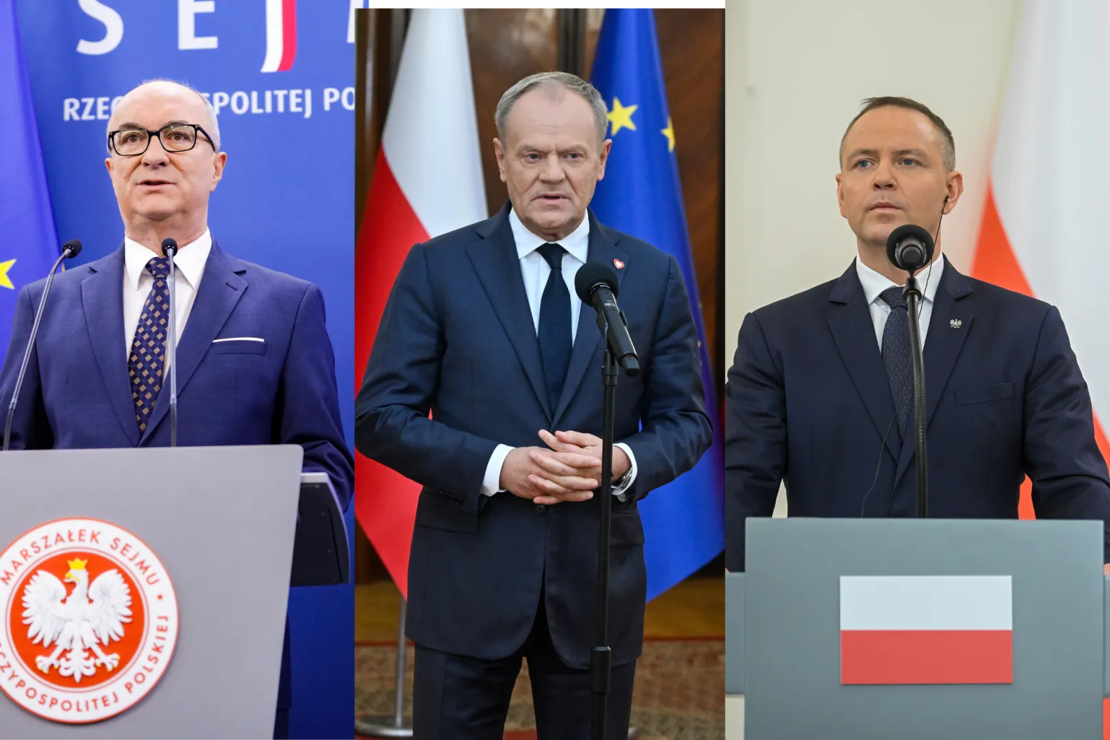Włodzimierz Czarzasty (L), Donald Tusk (C), Karol Nawrocki (P). Fot. PAP/Tomasz Gzel/Piotr Nowak/Marcin Obara