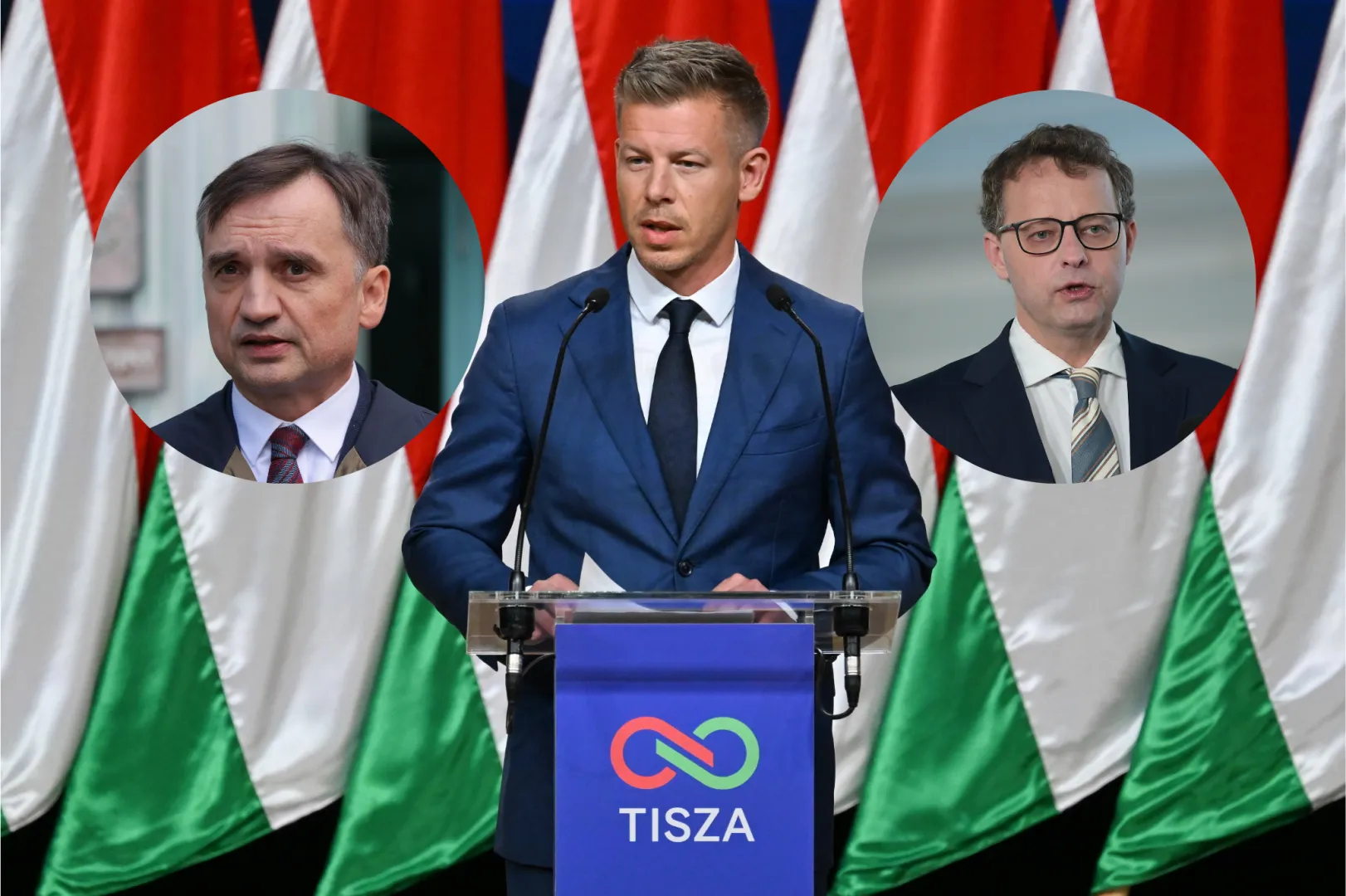 Marcin Romanowski (P), Zbigniew Ziobro (L) i Peter Magyar (C). Fot. EPA/TIBOR ILLYES HUNGARY/PAP/Marcin Obara/PAP/Paweł Supernak