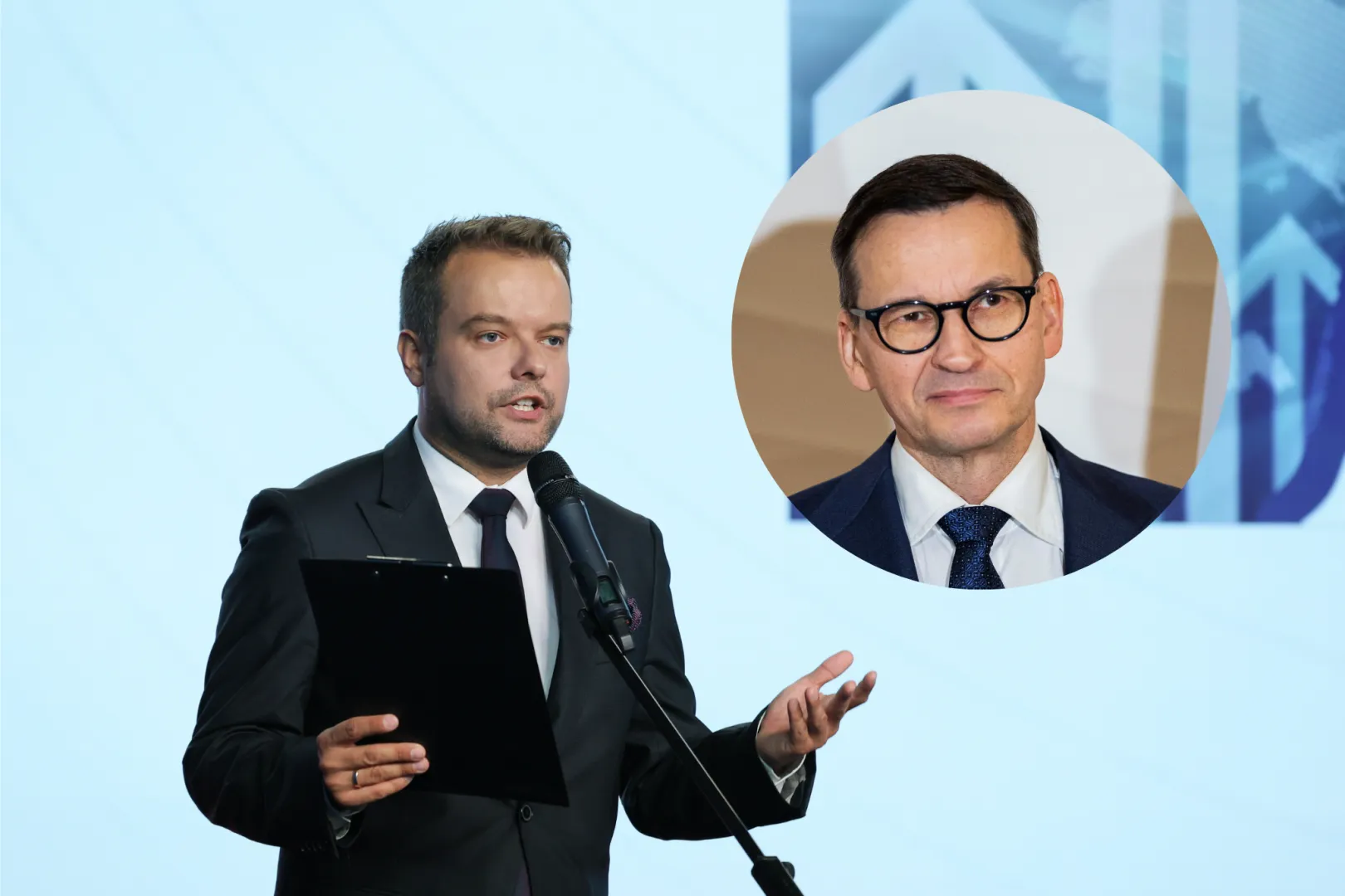 Rafał Bochenek (C) i Mateusz Morawiecki (P). Fot. PAP/Paweł Supernak/Krzysztof Ćwik