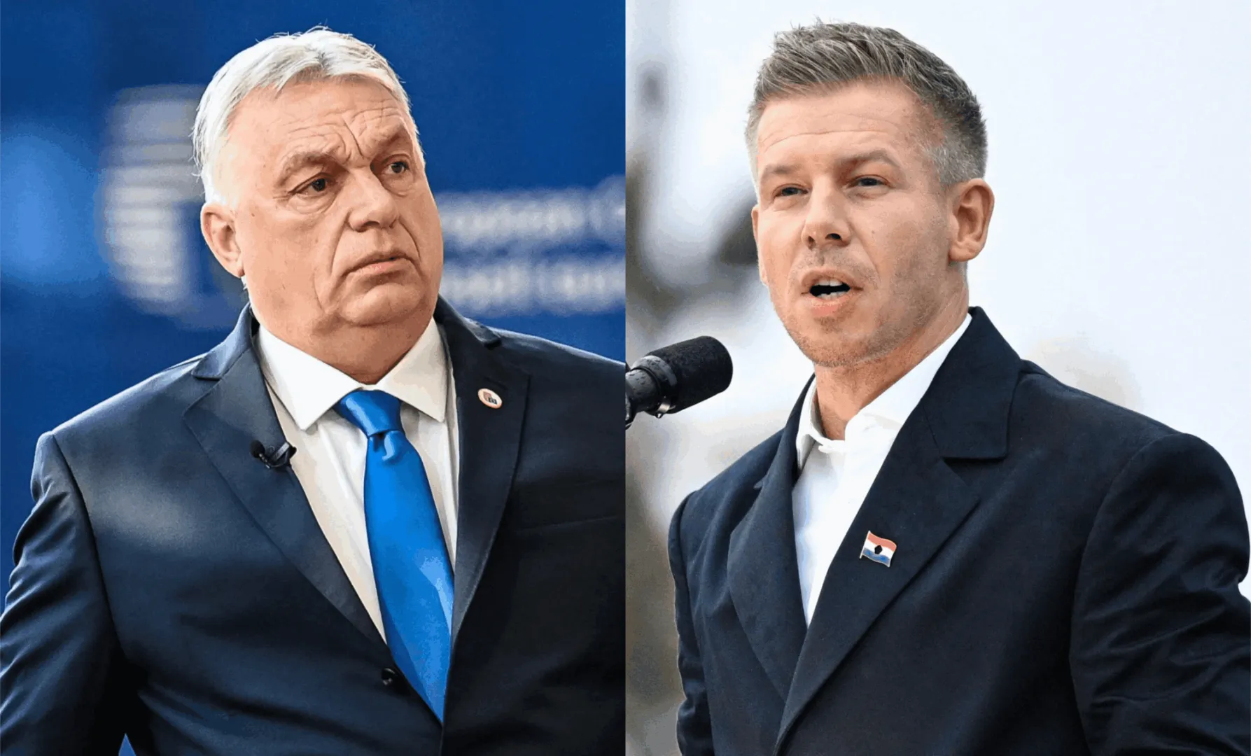 Premier Węgier Viktor Orban i lider opozycyjnej partii TISZA, Peter Magyar. Fot. PAP/Wiktor Dąbkowski/EPA/BOGLARKA BODNAR