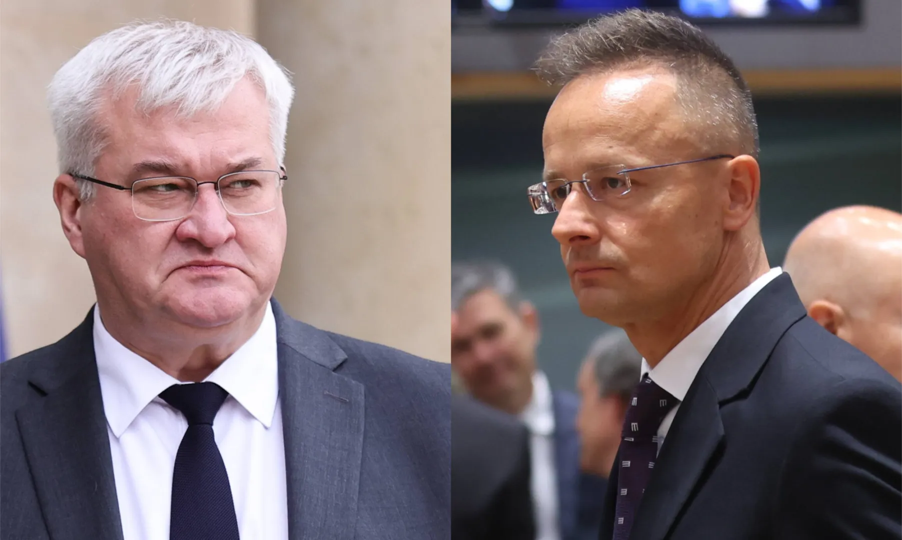 Szef MSZ Ukrainy Andrij Sybiha i szef MSZ Węgier Peter Szijjarto. Fot. PAP/EPA/OLIVIER HOSLET/TERESA SUAREZ