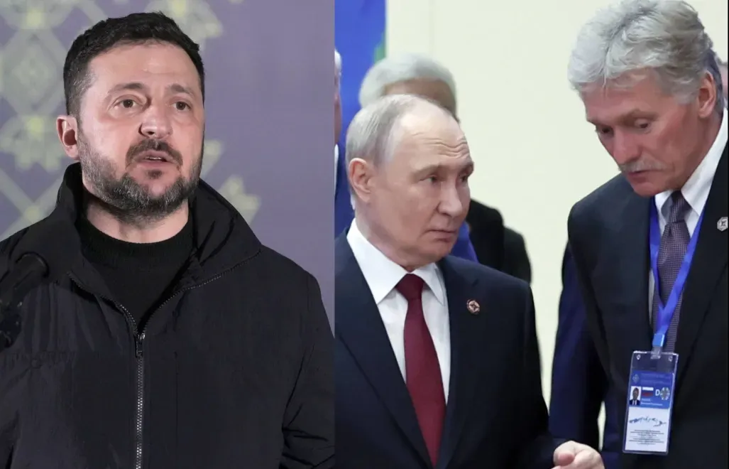 Prezydent Ukrainy Wołodymyr Zełenski, przywódca Rosji Władimir Putin i rzecznik Kremla Dmitrij Pieskow. Fot. EPA/ANDREW KRAVCHENKO/ ALEXANDER KAZAKOV / SPUTNIK / KREMLIN POOL