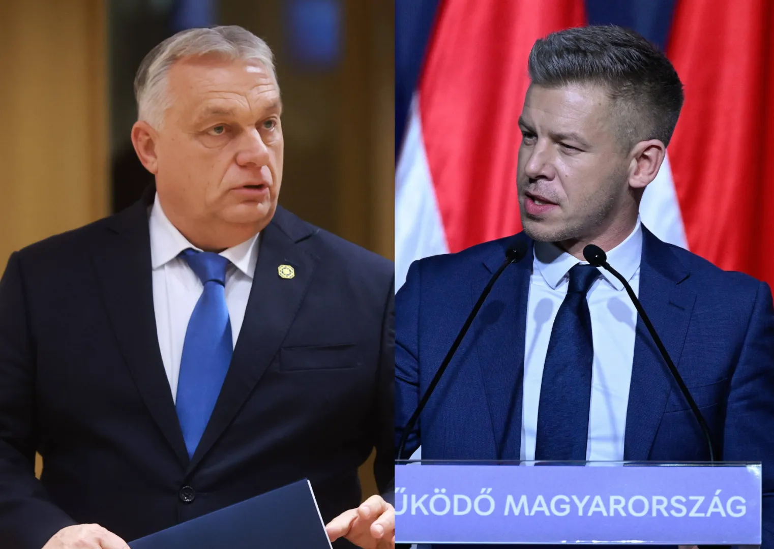 Wiktor Orban, Peter Magyar. Fot. PAP/EPA/OLIVIER HOSLET,SZILARD KOSZTICSAK