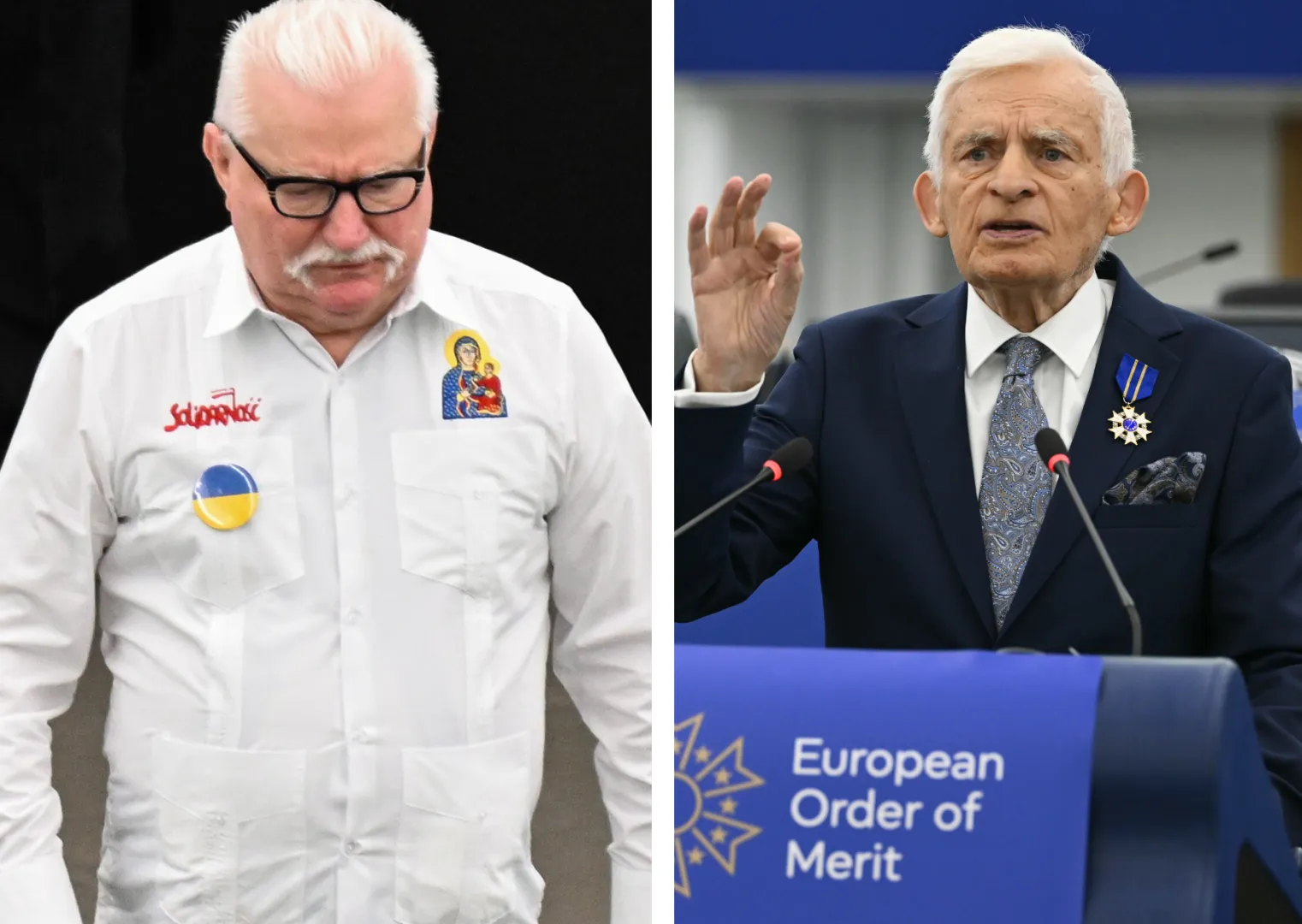 Lech Wałęsa, Jerzy Buzek. Fot. PAP/Wiktor Dąbkowski/EPA/EPA/SEBASTIEN BOZON