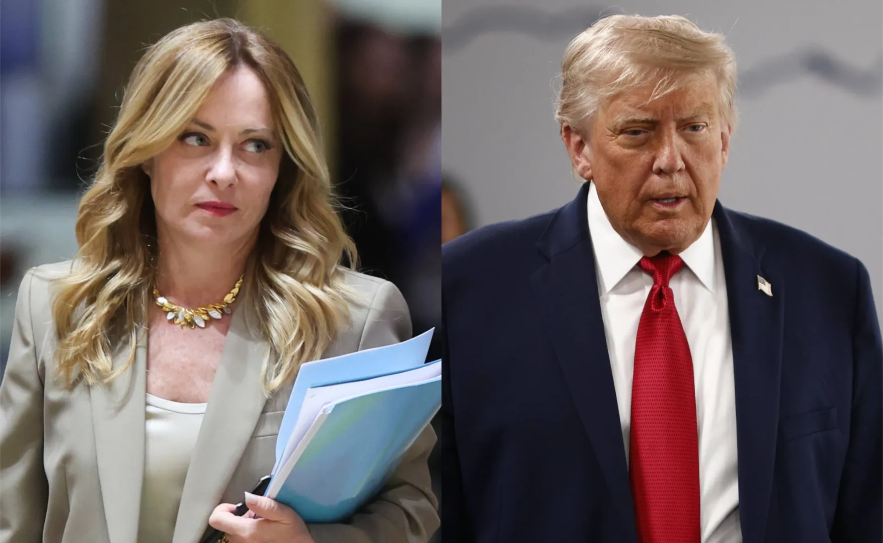 Premier Włoch Giorgia Meloni i prezydent USA Donald Trump. Fot. PAP/EPA/OLIVIER HOSLET/YOAN VALAT