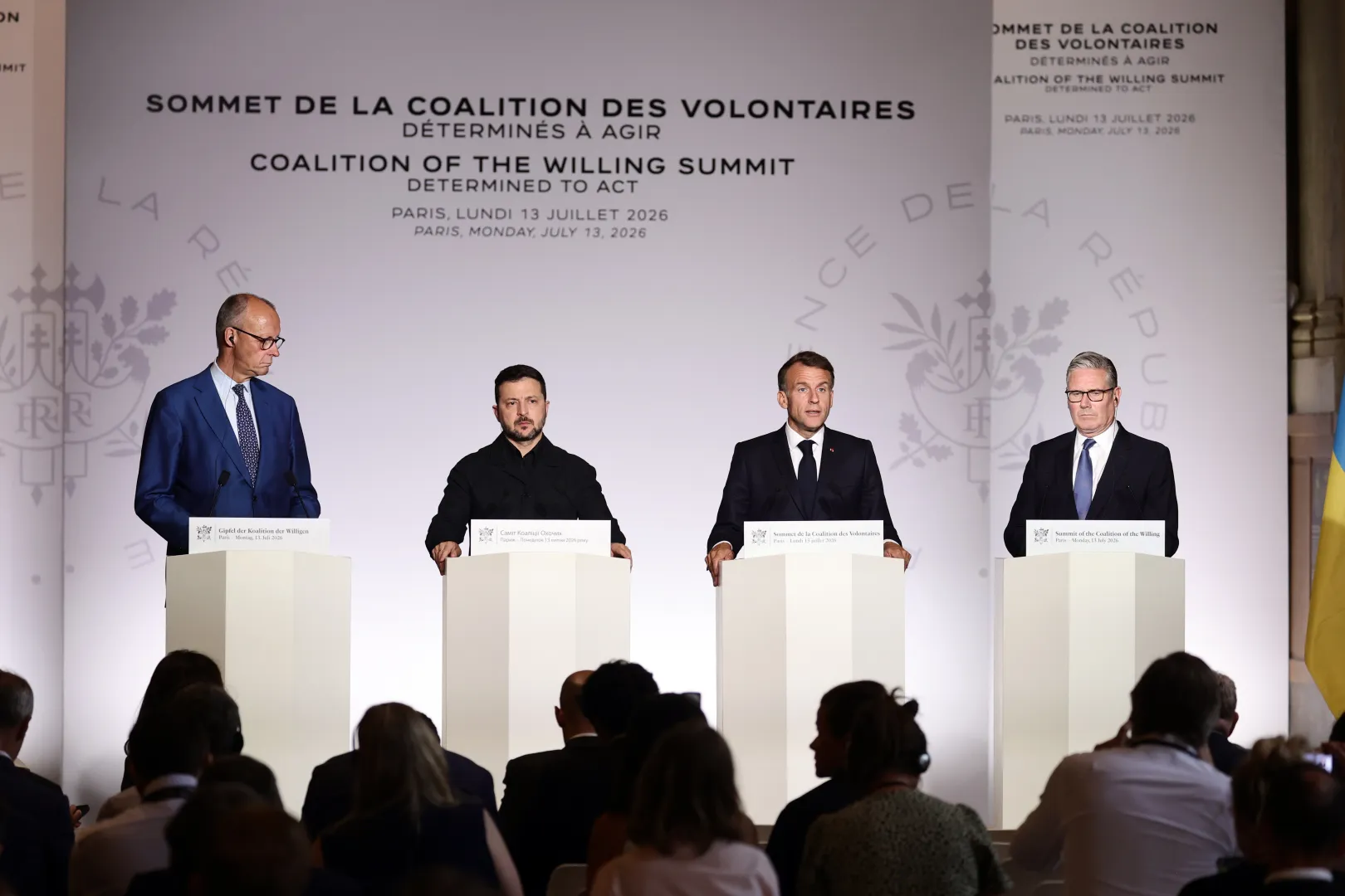 Od lewej kanclerz Niemiec Friedrich Merz, prezydent Ukrainy Wołodymyr Zełenski, prezydent Francji Emmanuel Macron i premier Wielkiej Brytani Keir Starmer. Fot. PAP/EPA/TERESA SUAREZ / POOL