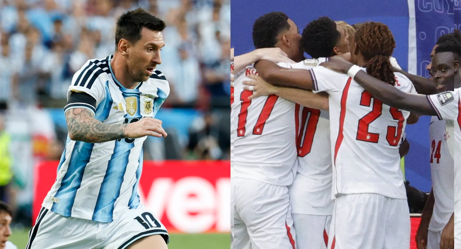 Leo Messi i piłkarze reprezentacji Anglii. Fot. PAP/EPA/SHAWN THEW/PETER KLAUNZER