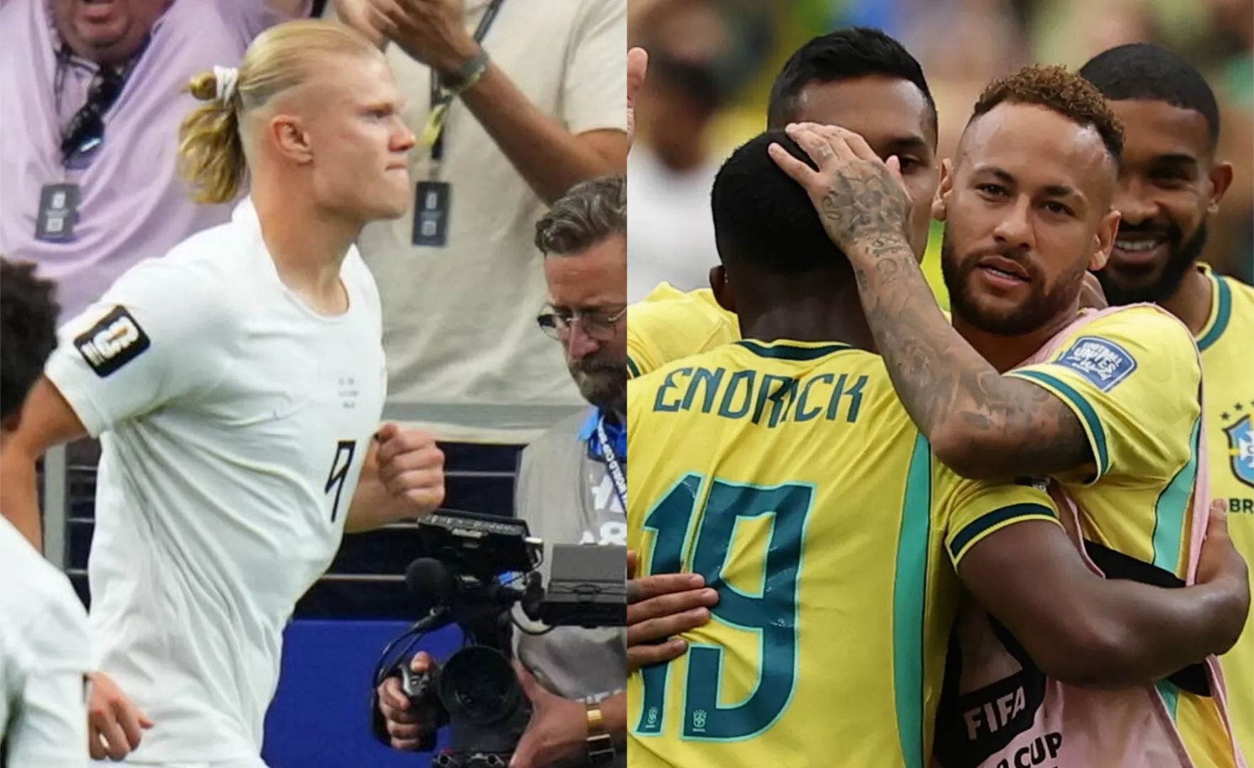 Erling Haaland i piłkarze reprezentacji Brazylii. Fot. PAP/EPA/JEFFREY MCWHORTER/CHRISTOPHER NEUNDORF