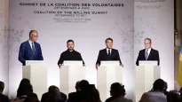 Od lewej kanclerz Niemiec Friedrich Merz, prezydent Ukrainy Wołodymyr Zełenski, prezydent Francji Emmanuel Macron i premier Wielkiej Brytani Keir Starmer. Fot. PAP/EPA/TERESA SUAREZ / POOL
