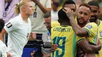 Erling Haaland i piłkarze reprezentacji Brazylii. Fot. PAP/EPA/JEFFREY MCWHORTER/CHRISTOPHER NEUNDORF