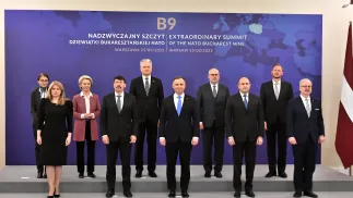 Szczyt B9 w 2022 r. 	Andrzej Duda, Rumen Radev, Gitanas Nauseda, Alar Karis, Egils Levits, Zuzana Caputova, Janos Ader, Ursula von der LeyenFot. PAP/Andrzej Lange