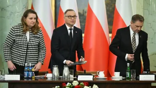 Szefowa KPRP Małgorzata Paprocka, prezydent Andrzej Duda i szef Solidarności Piotr Duda Fot. PAP/Radek Pietruszka 